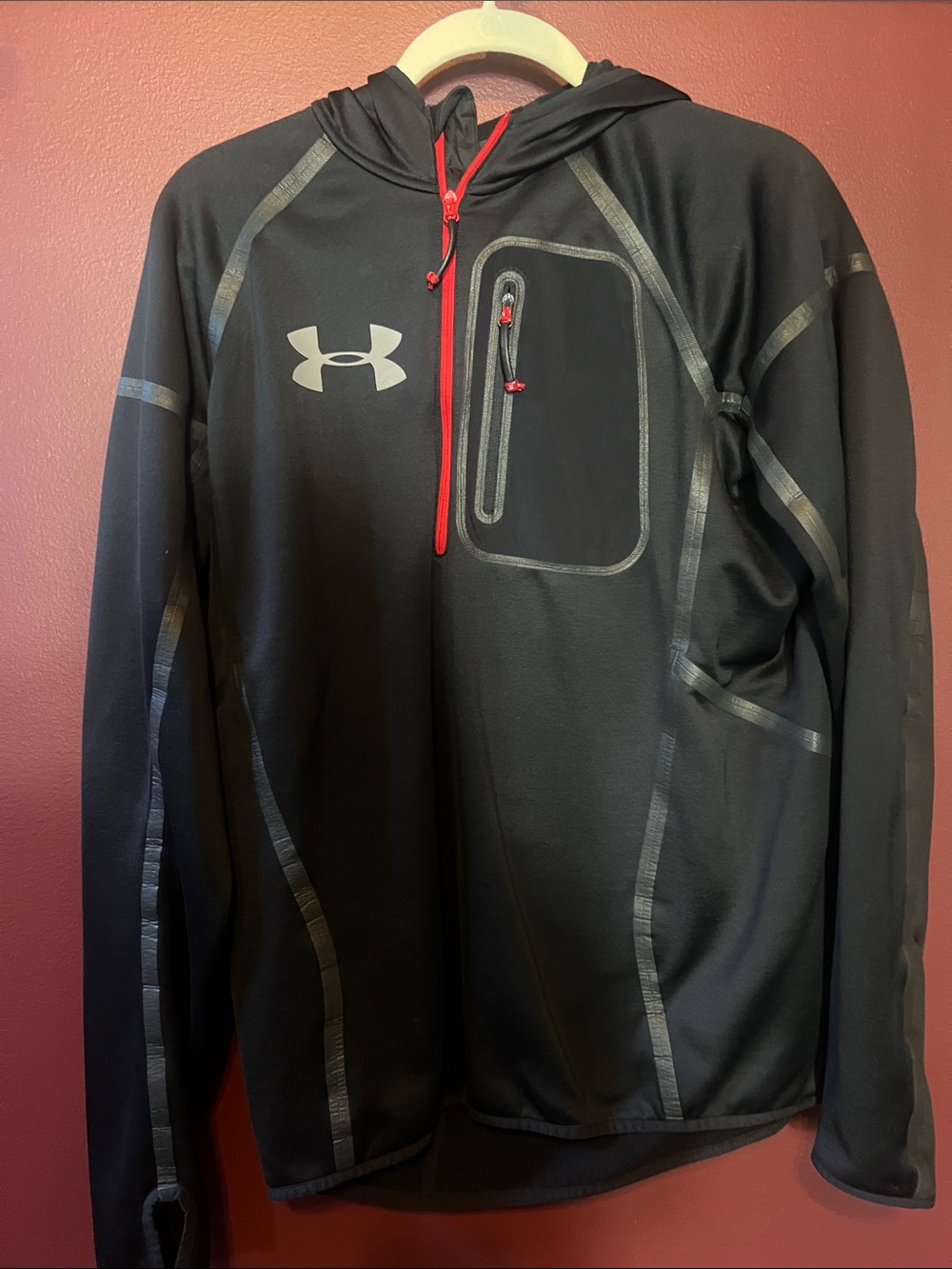 Under Armour Black Hooded Performance Jacket with Red Zipper Accents